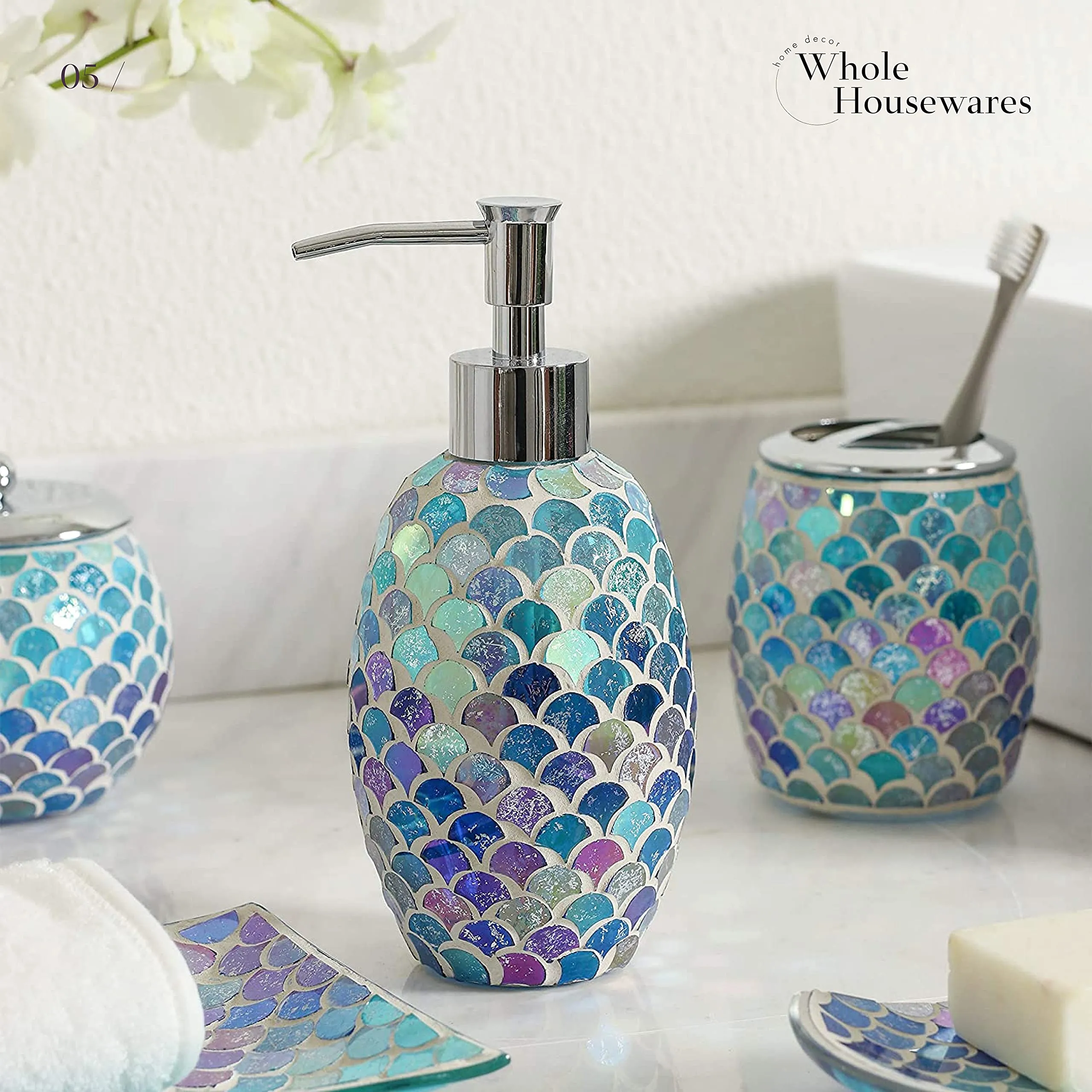 4Piece Silver Decorative Glass Bathroom Accessories Set, Soap Dispenser, Toothbrush Holder