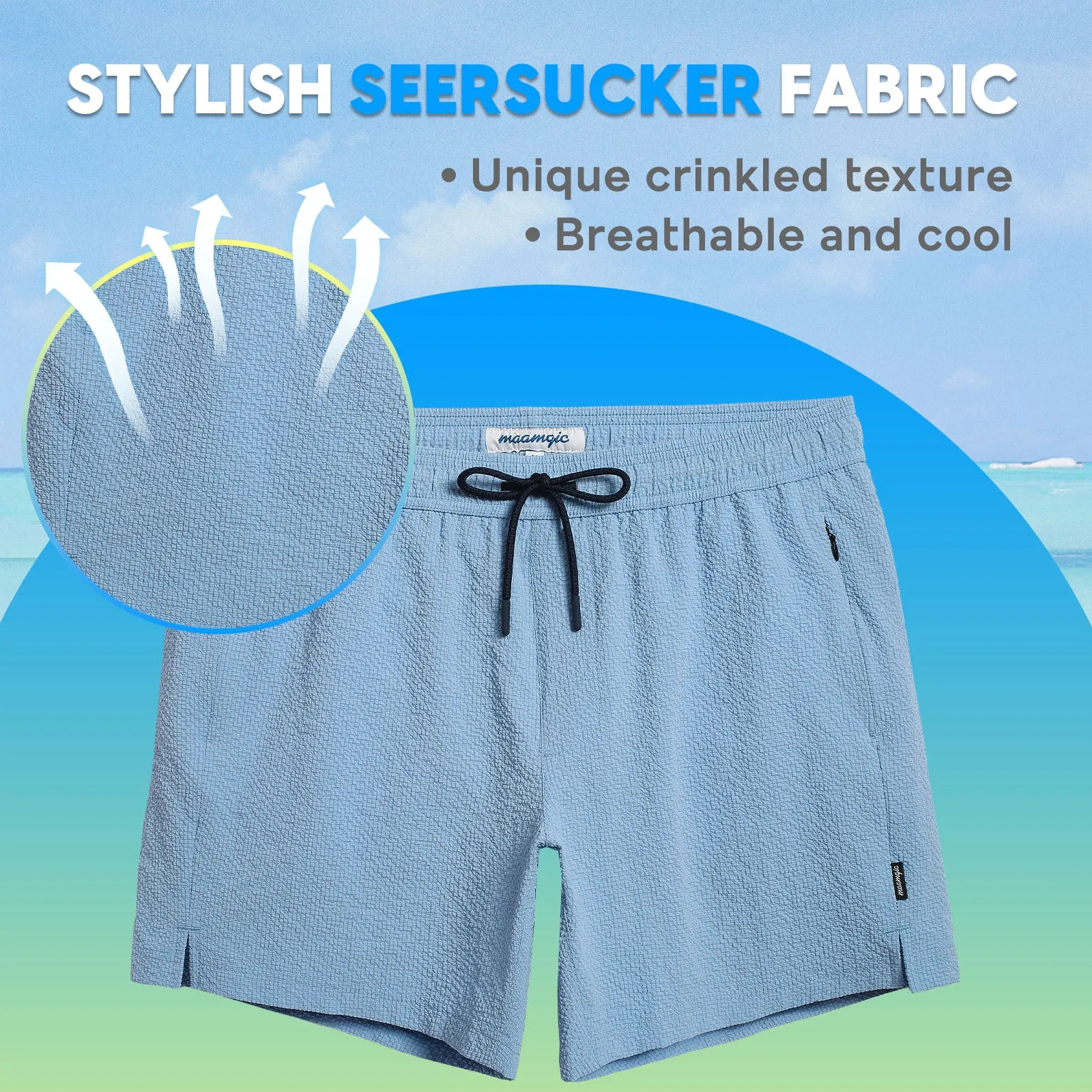 5.5 Inseam 2 in 1 Seersucker Short Liner Solid Swim Shorts