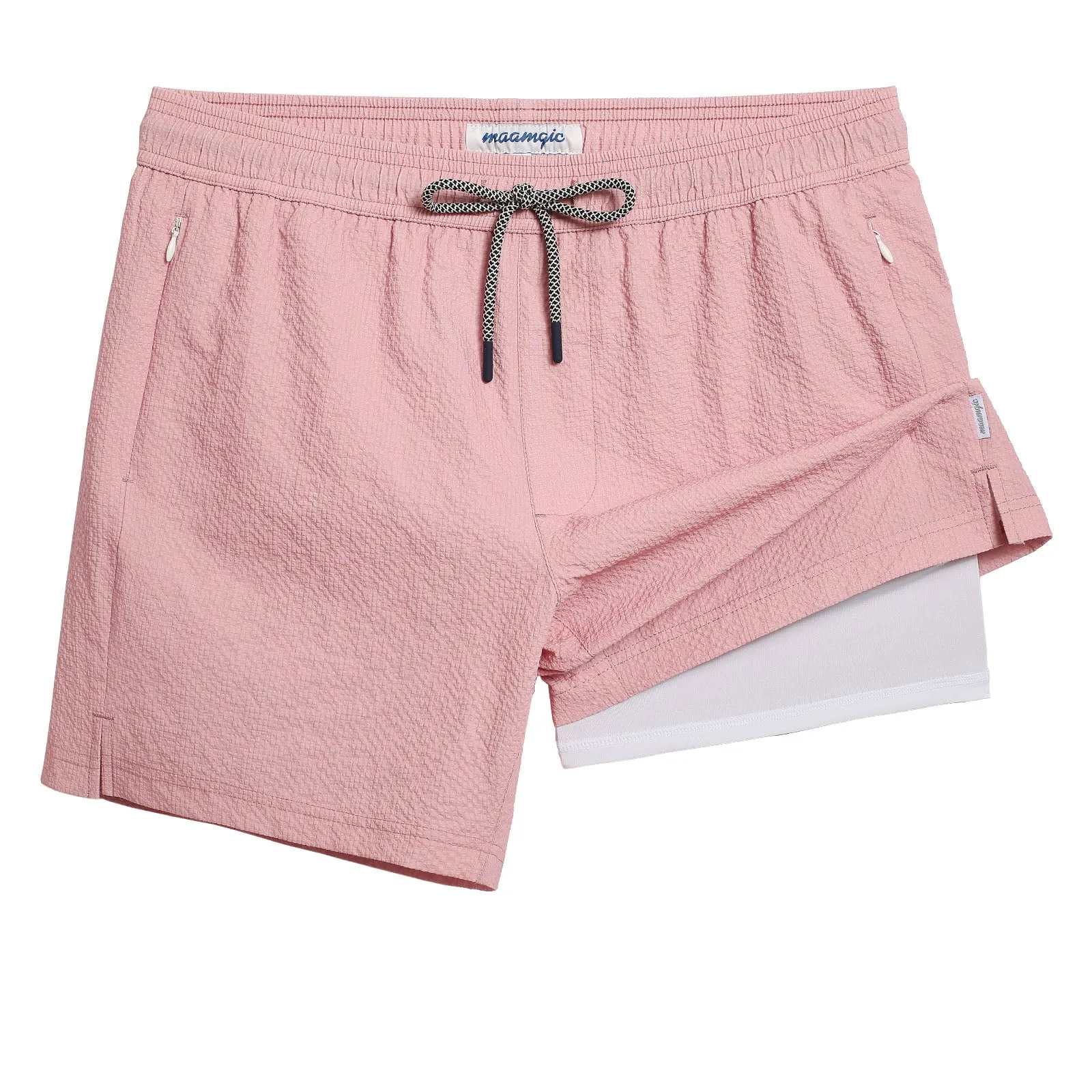 5.5 Inseam 2 in 1 Seersucker Short Liner Solid Swim Shorts