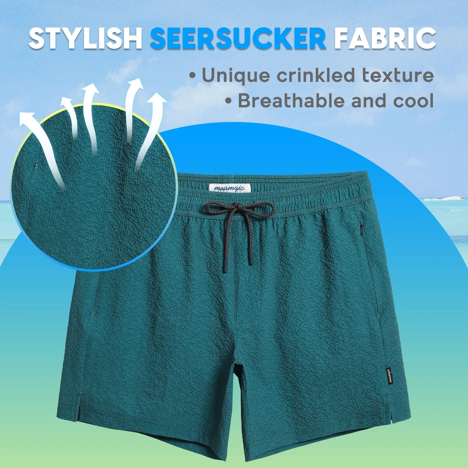 5.5 Inseam 2 in 1 Seersucker Short Liner Solid Swim Shorts