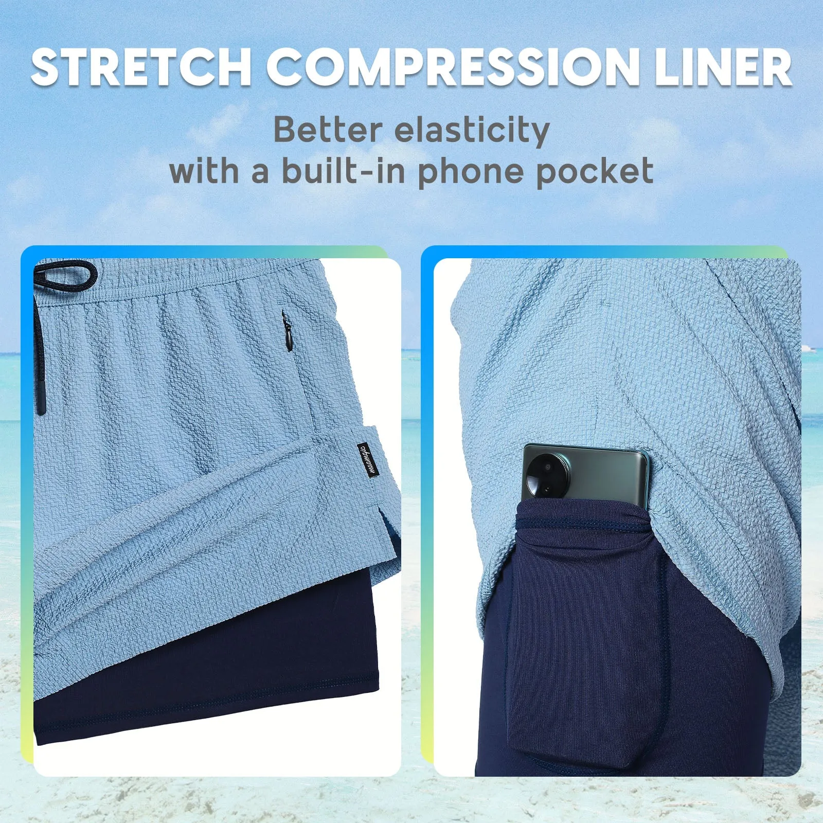 5.5 Inseam 2 in 1 Seersucker Short Liner Solid Swim Shorts