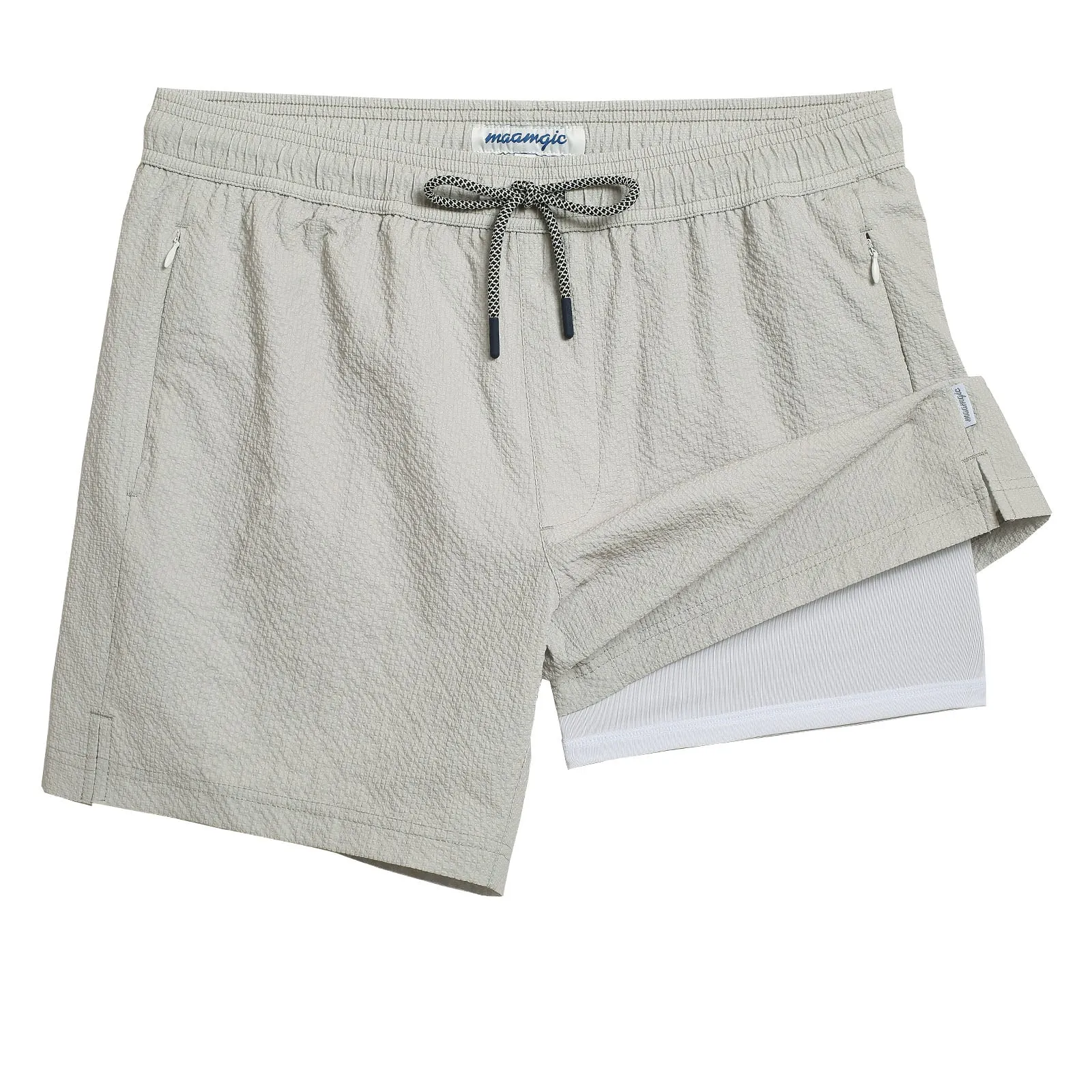 5.5 Inseam 2 in 1 Seersucker Short Liner Solid Swim Shorts