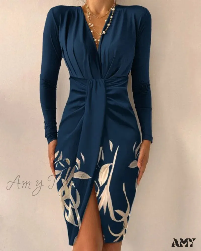 Amy Fashion - Sexy Puff Lantern Sleeve Plunge Floral Print Dress