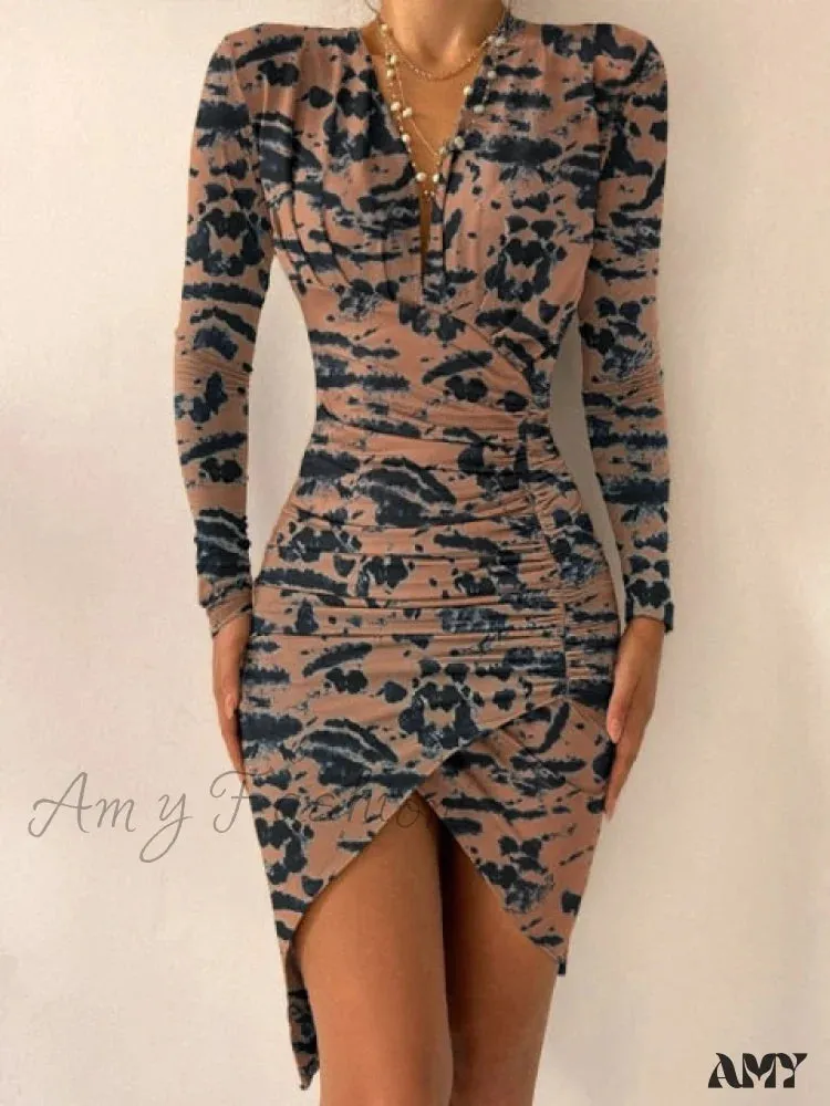 Amy Fashion - Sexy Puff Lantern Sleeve Plunge Floral Print Dress