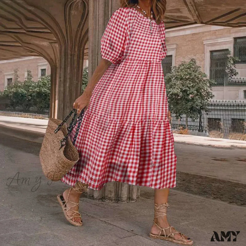 Amy Fashion - Short Sleeve Vintage Plaid Printed Sundress