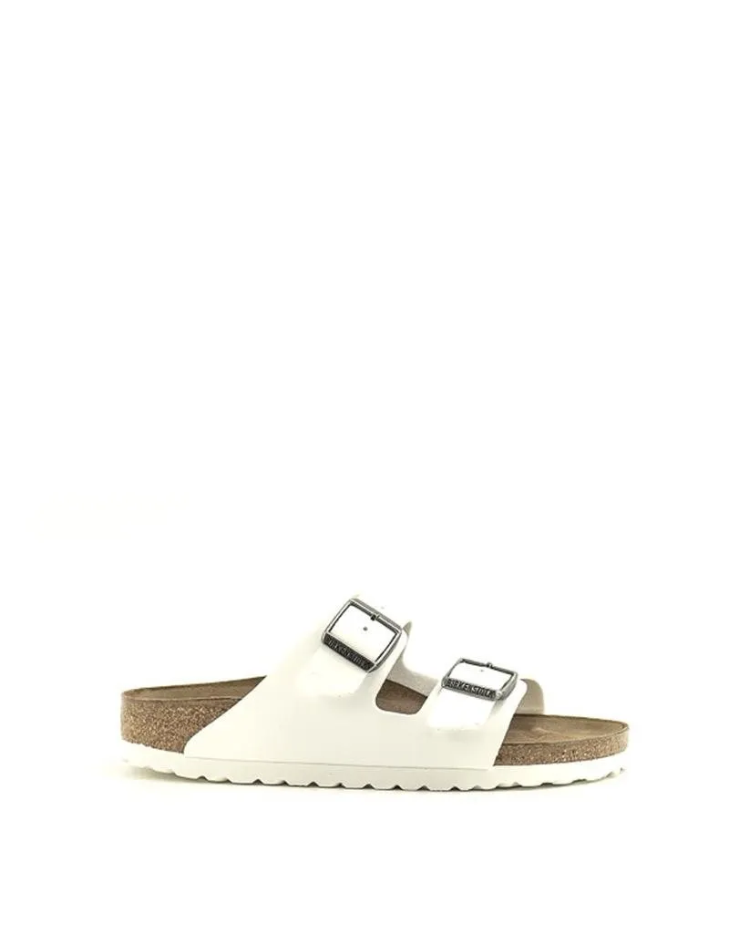 Birkenstock — Arizona Birko Flor - White/Antique Nickel Buckles Narrow Width