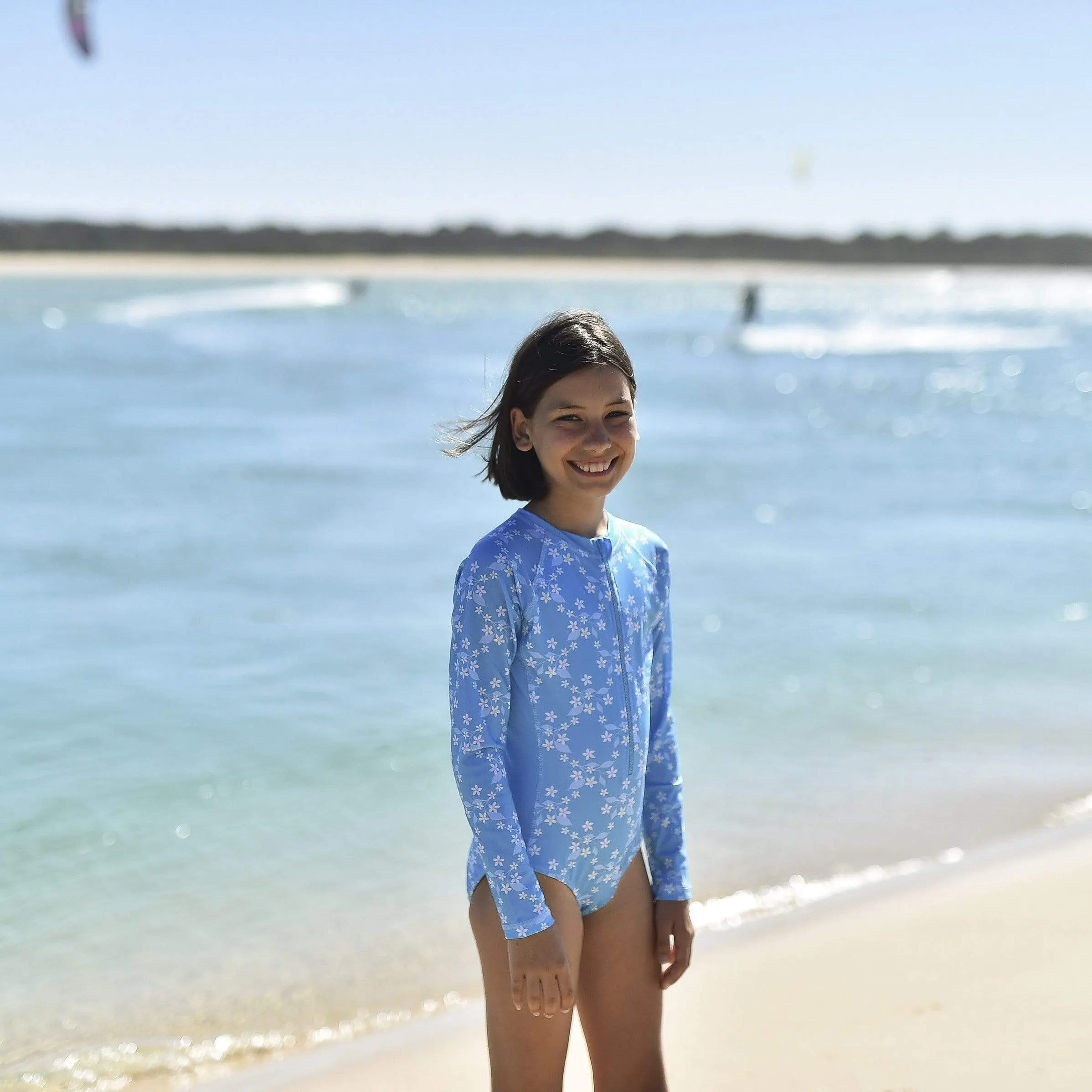 Blue Flower Vine Long Sleeve Sunsuit