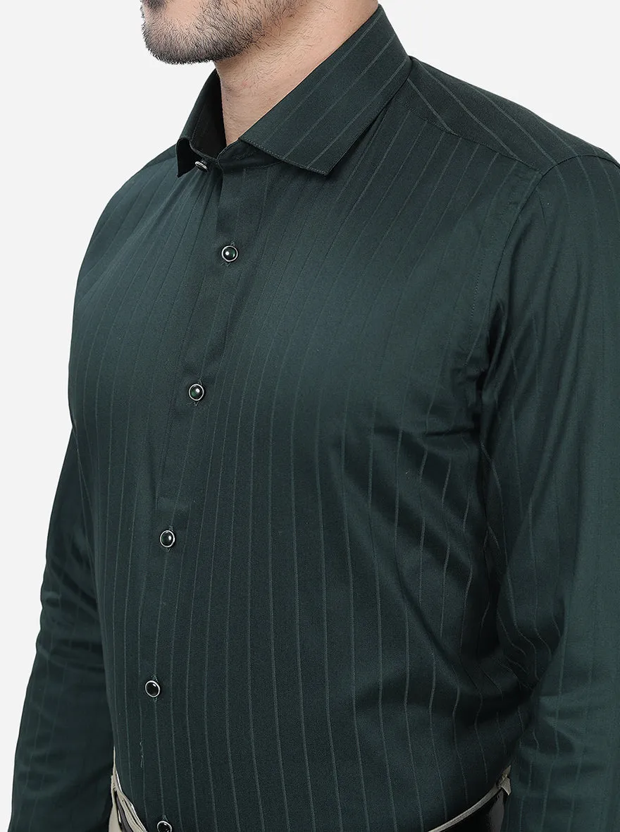 Bottle Green Striped Slim Fit Party Wear Shirt | Greenfibre