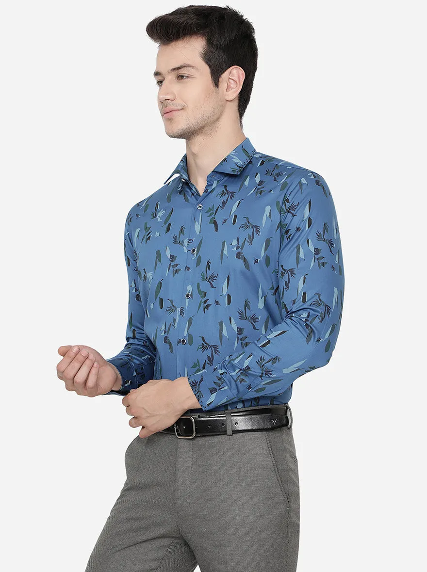 Cornflower Blue Printed Slim Fit Party Wear Shirt | JB Studio