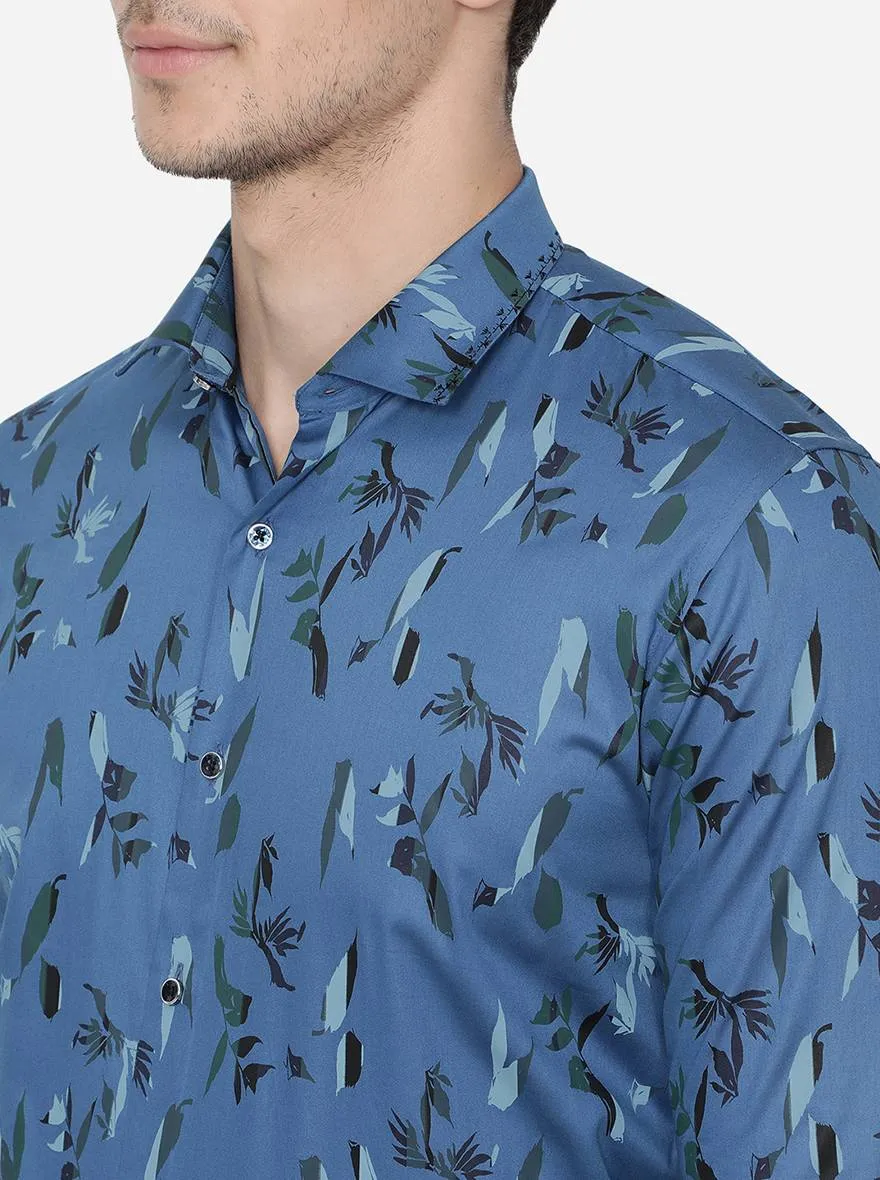 Cornflower Blue Printed Slim Fit Party Wear Shirt | JB Studio