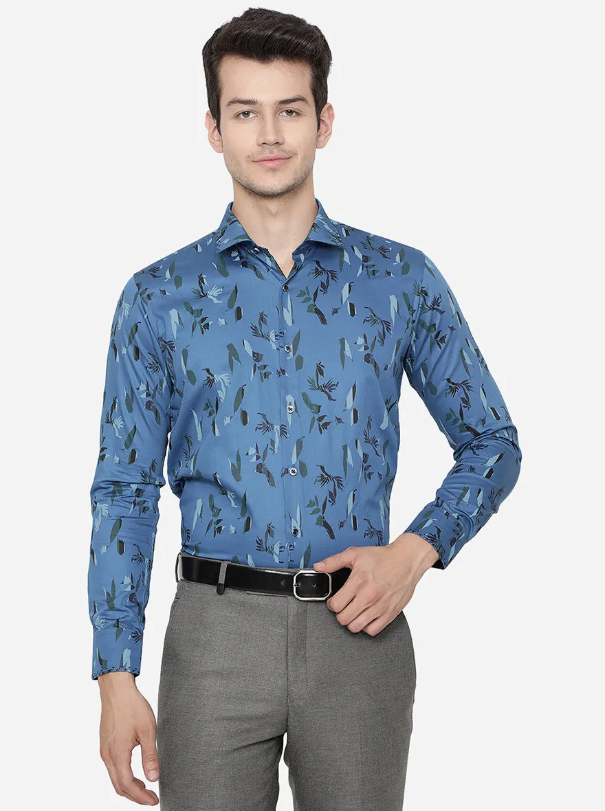 Cornflower Blue Printed Slim Fit Party Wear Shirt | JB Studio