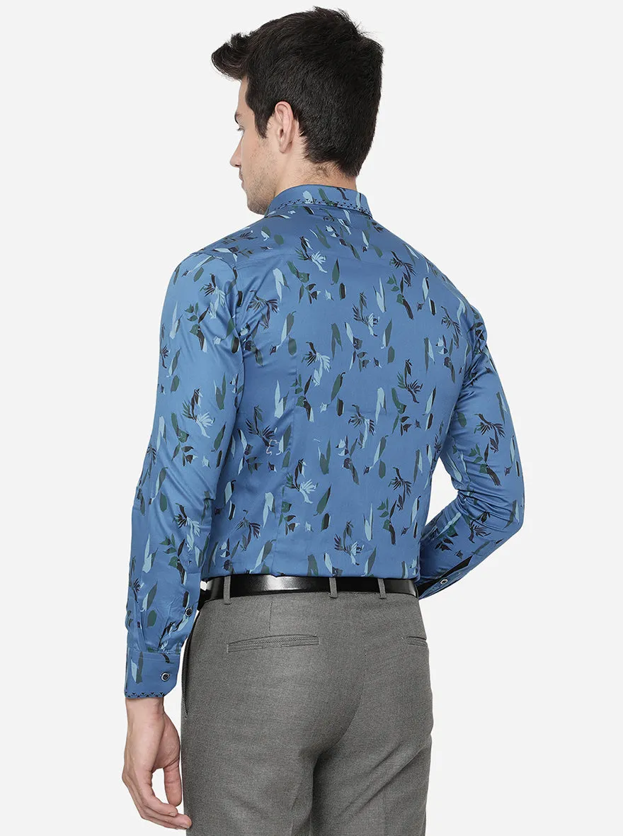 Cornflower Blue Printed Slim Fit Party Wear Shirt | JB Studio