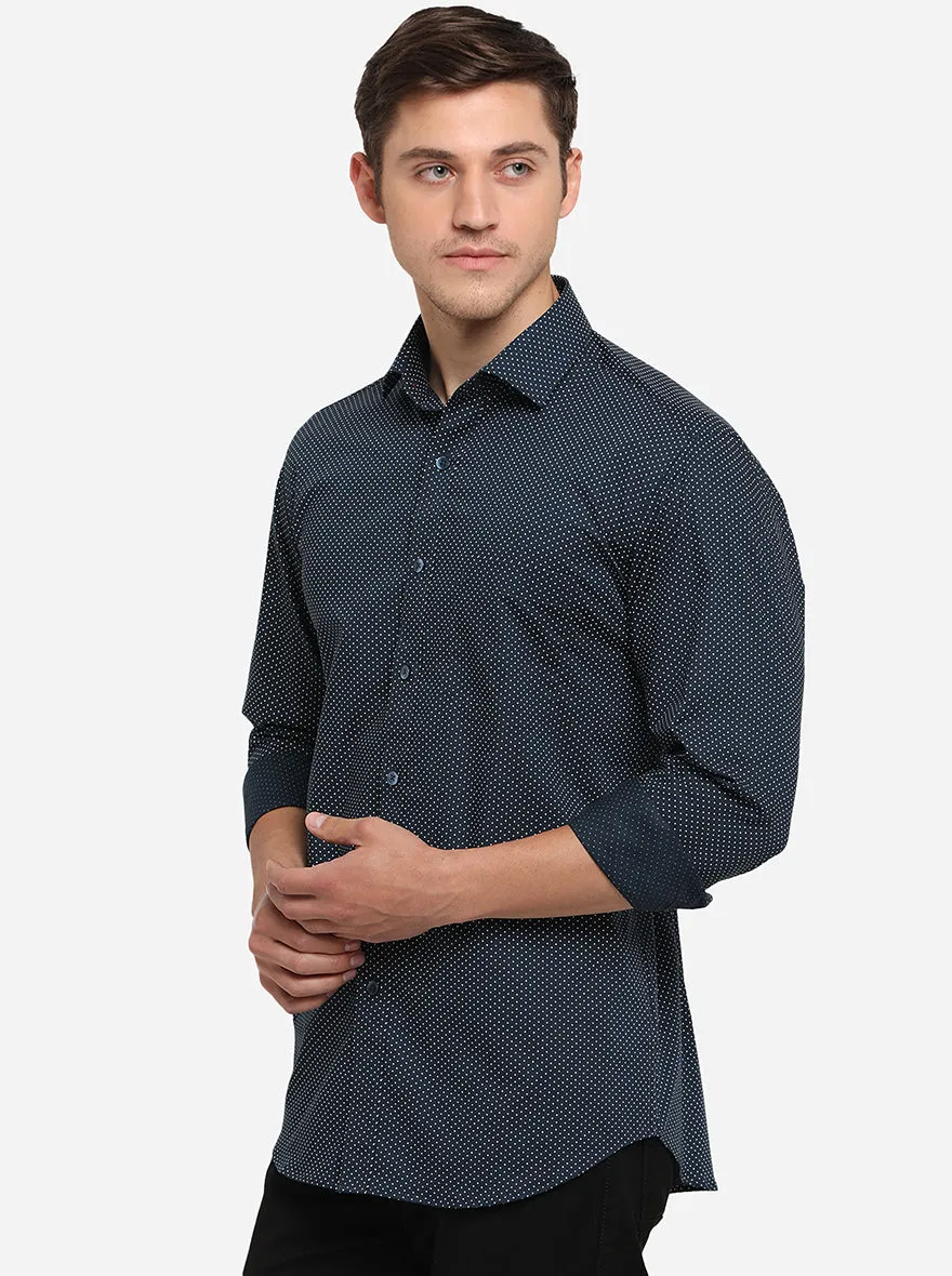 Dark Blue Printed Slim Fit Formal Shirt | Metal