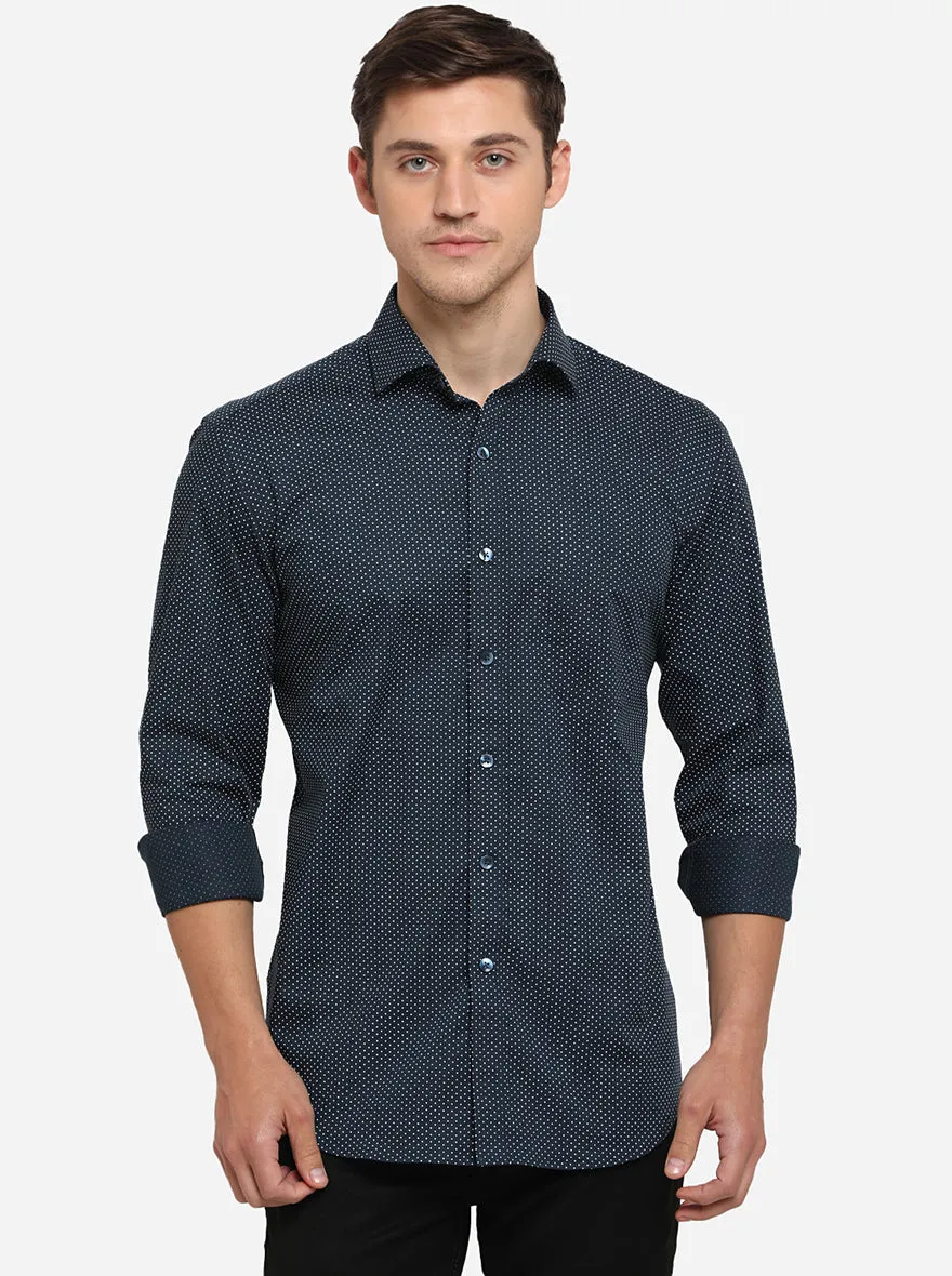 Dark Blue Printed Slim Fit Formal Shirt | Metal