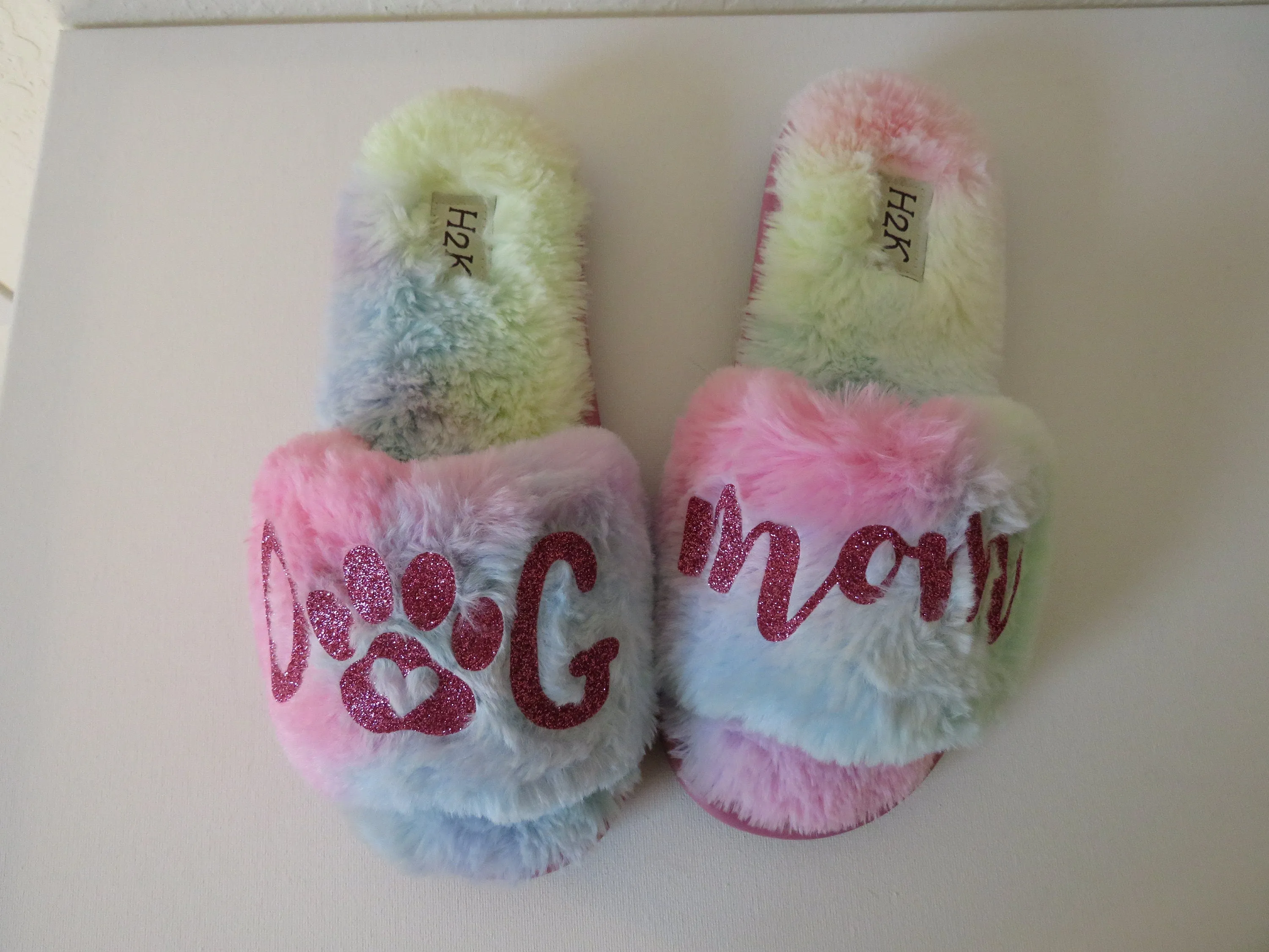 DOG MOM Fur slide /Dogmom furry shoes  rainbow slide shoes