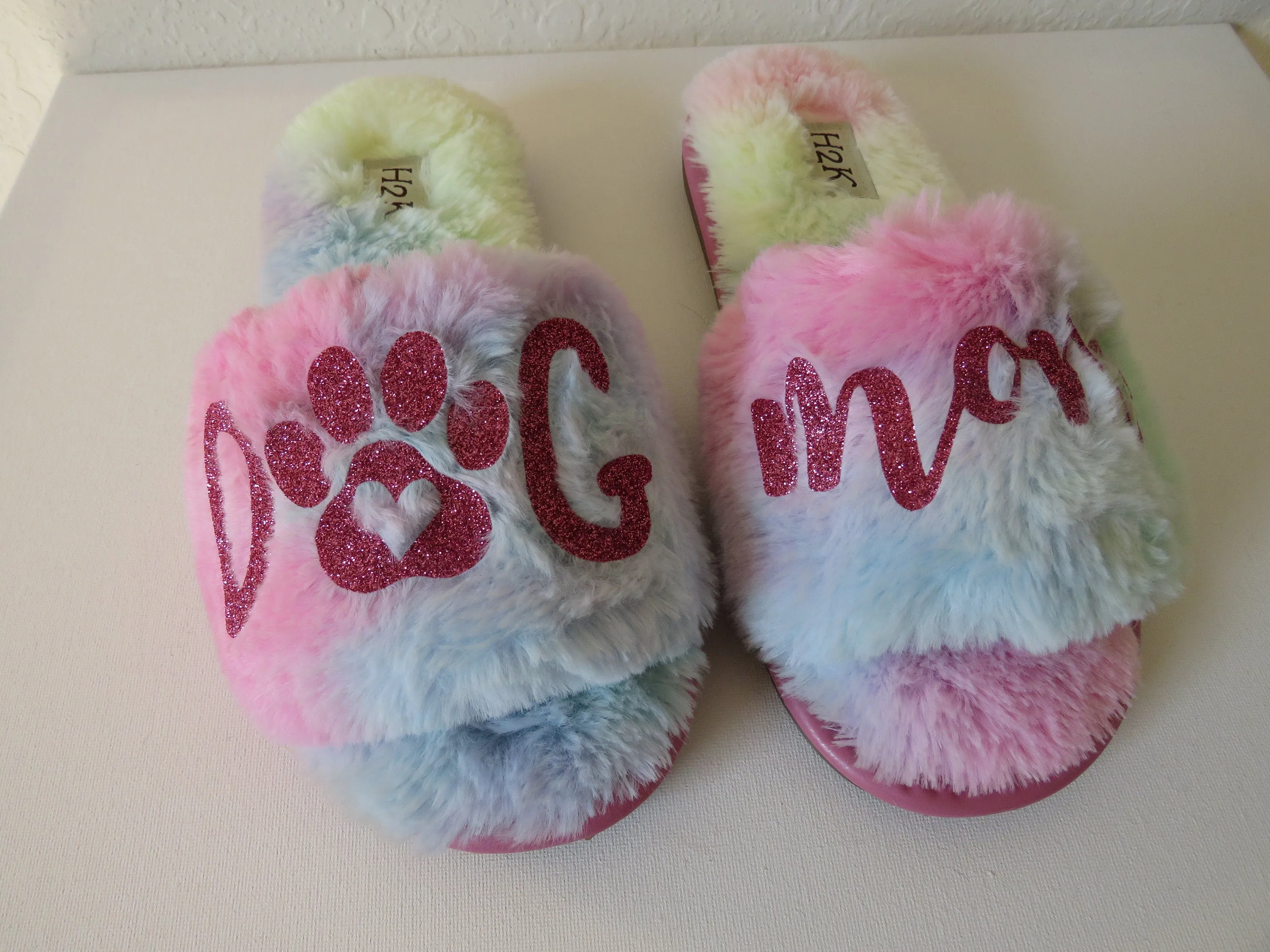 DOG MOM Fur slide /Dogmom furry shoes  rainbow slide shoes