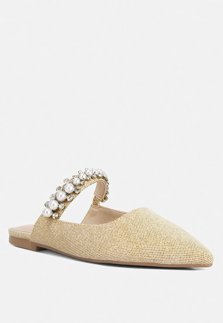 GEODE Pearl Embellished Slip On Mules In Beige