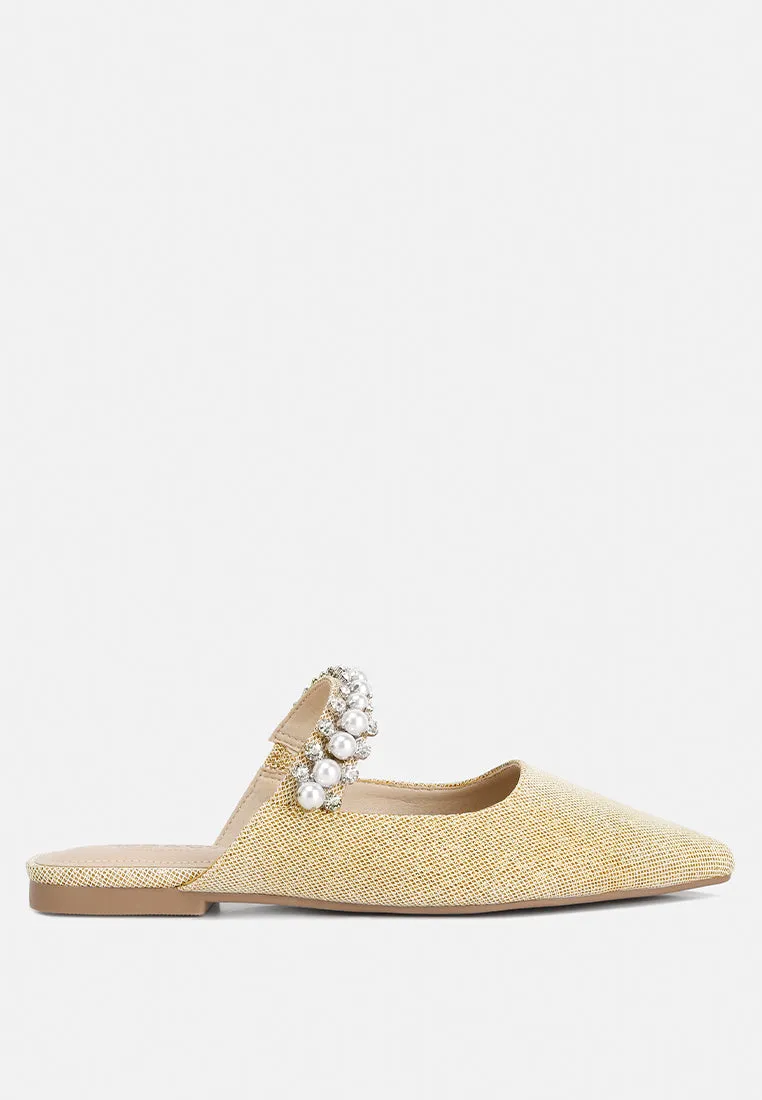 GEODE Pearl Embellished Slip On Mules In Beige