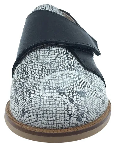 Hoo Shoes Boy's & Girl's Dee's Black with White Printed Leather Single Hook and Loop Tab Oxford Shoe