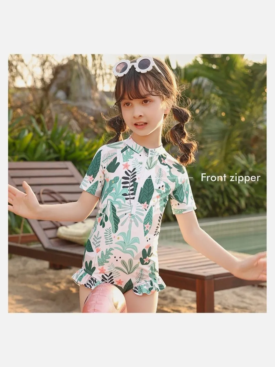 Little Surprise Box, Frilly Tropical Print Toddlers & Kids Swimwear  Swim Cap