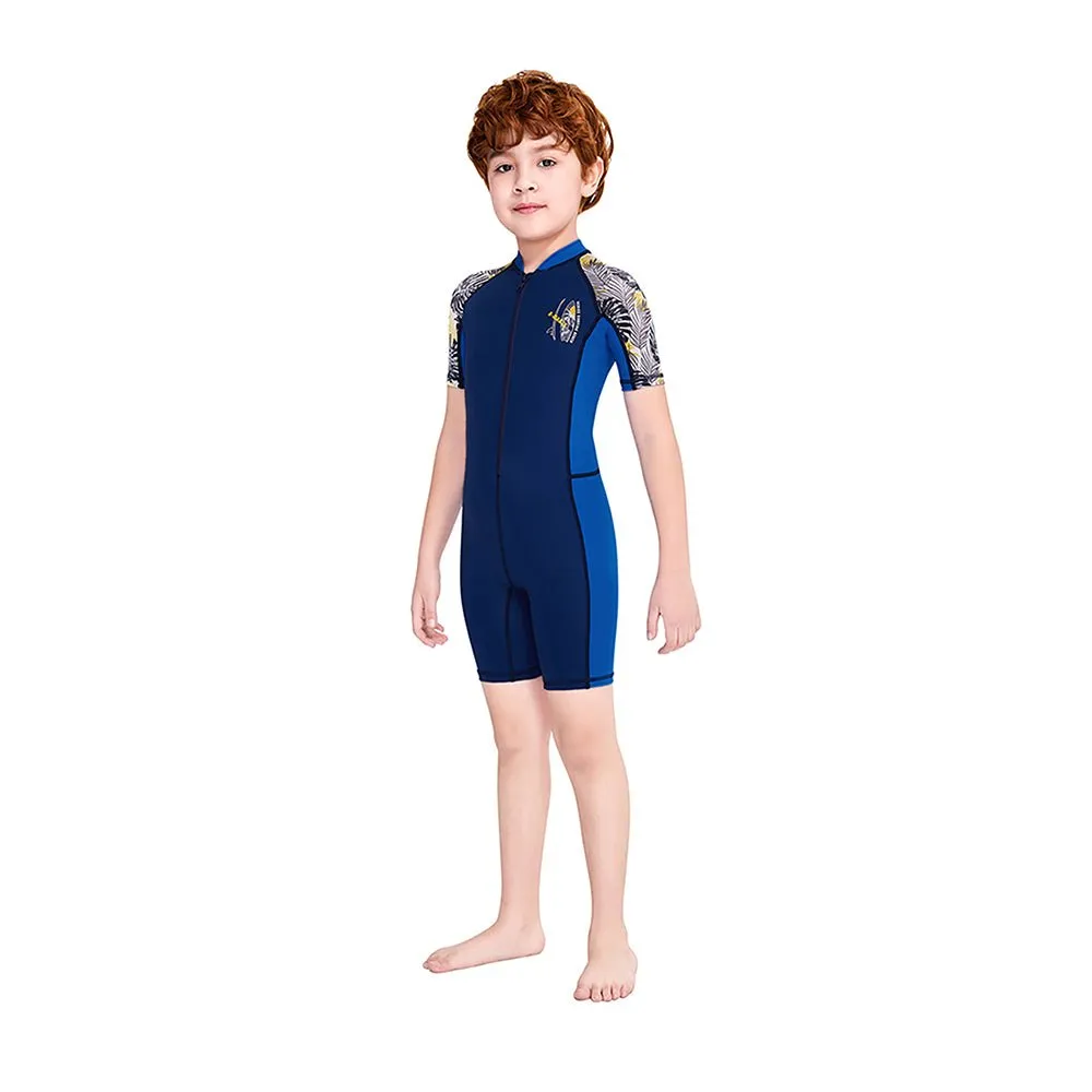 Little Surprise Box Half Sleeves Kids Swimwear Blue & Navy Blue Palm Leaves Printed Sleeves, Knee Length with UPF 50