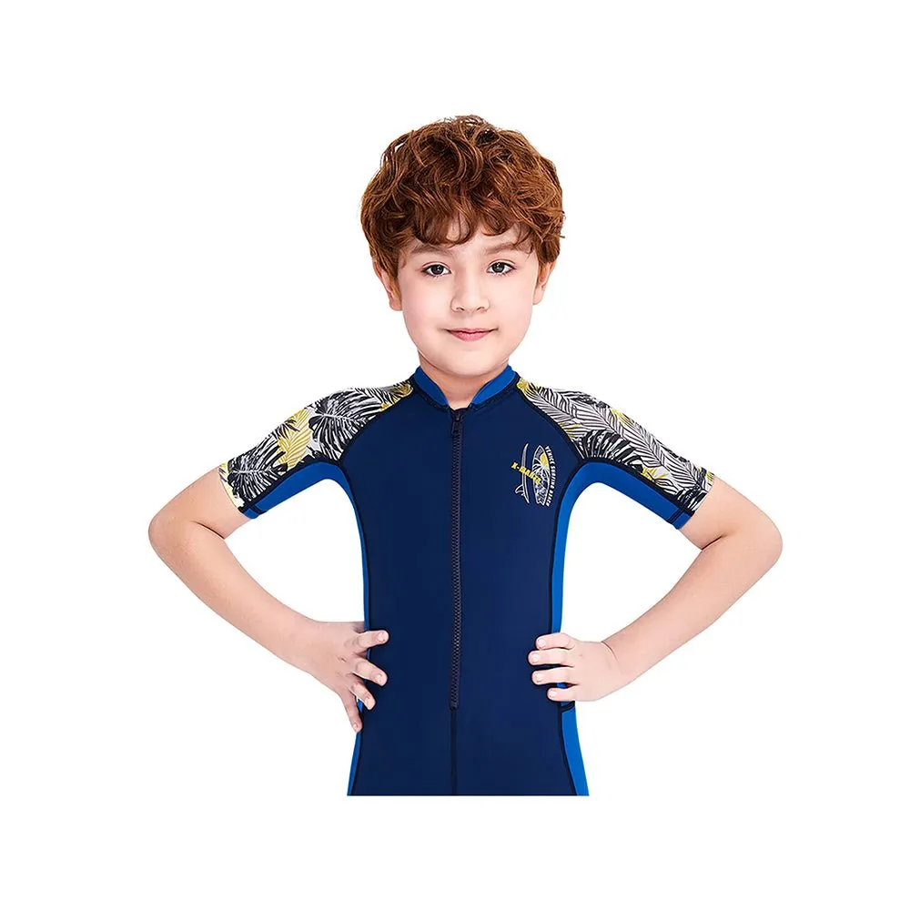 Little Surprise Box Half Sleeves Kids Swimwear Blue & Navy Blue Palm Leaves Printed Sleeves, Knee Length with UPF 50