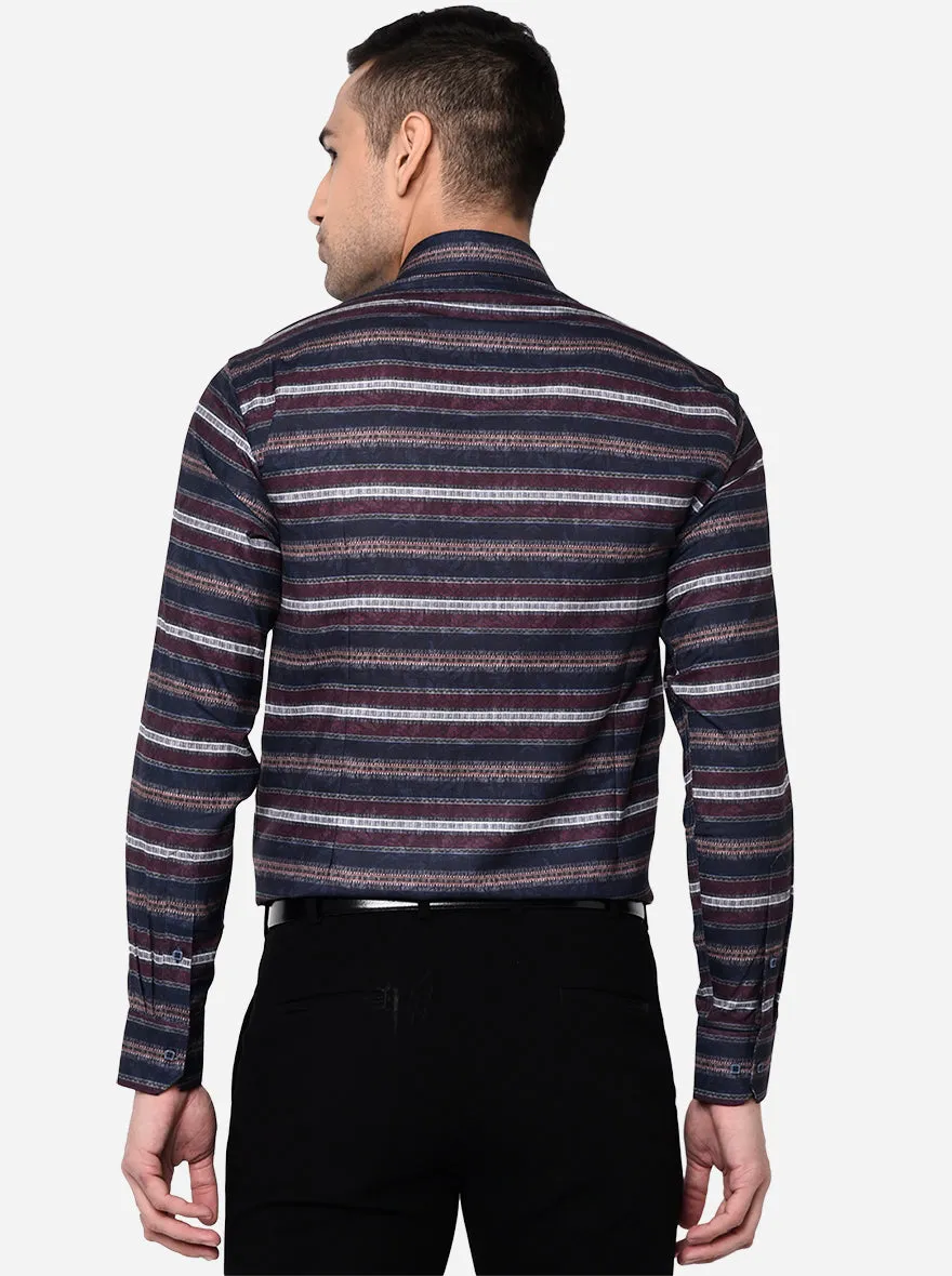 Navy Blue & Brown Striped Slim Fit Party Wear Shirt | Greenfibre