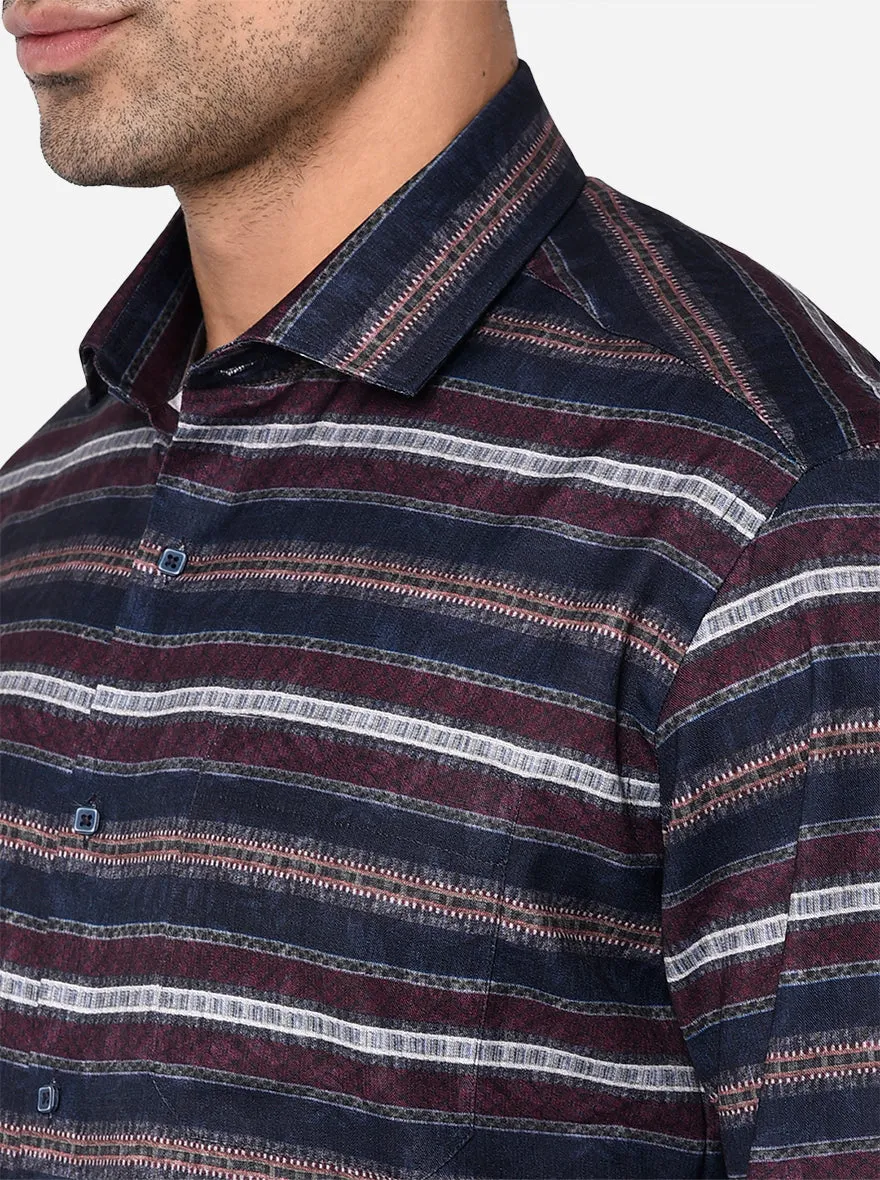 Navy Blue & Brown Striped Slim Fit Party Wear Shirt | Greenfibre