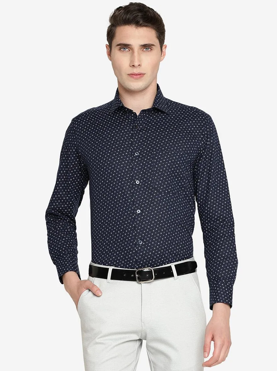 Navy Blue   Printed Slim Fit Formal Shirt | Greenfibre