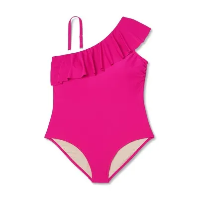 New - High Coverage Womens Ruffle One Shoulder One Piece Swimsuit in Kona Sol Pink