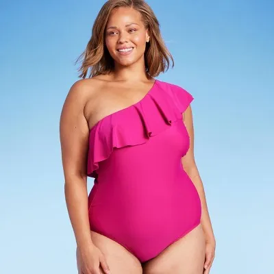 New - High Coverage Womens Ruffle One Shoulder One Piece Swimsuit in Kona Sol Pink