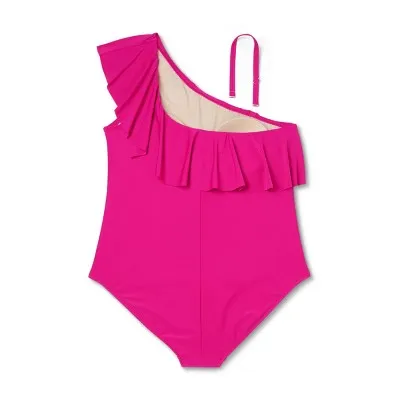 New - High Coverage Womens Ruffle One Shoulder One Piece Swimsuit in Kona Sol Pink