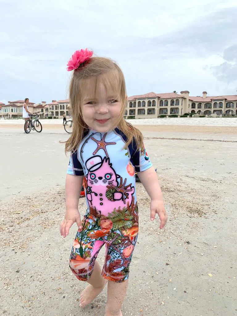 Oceano Sea Lion Girls Short Sleeve Sunsuit