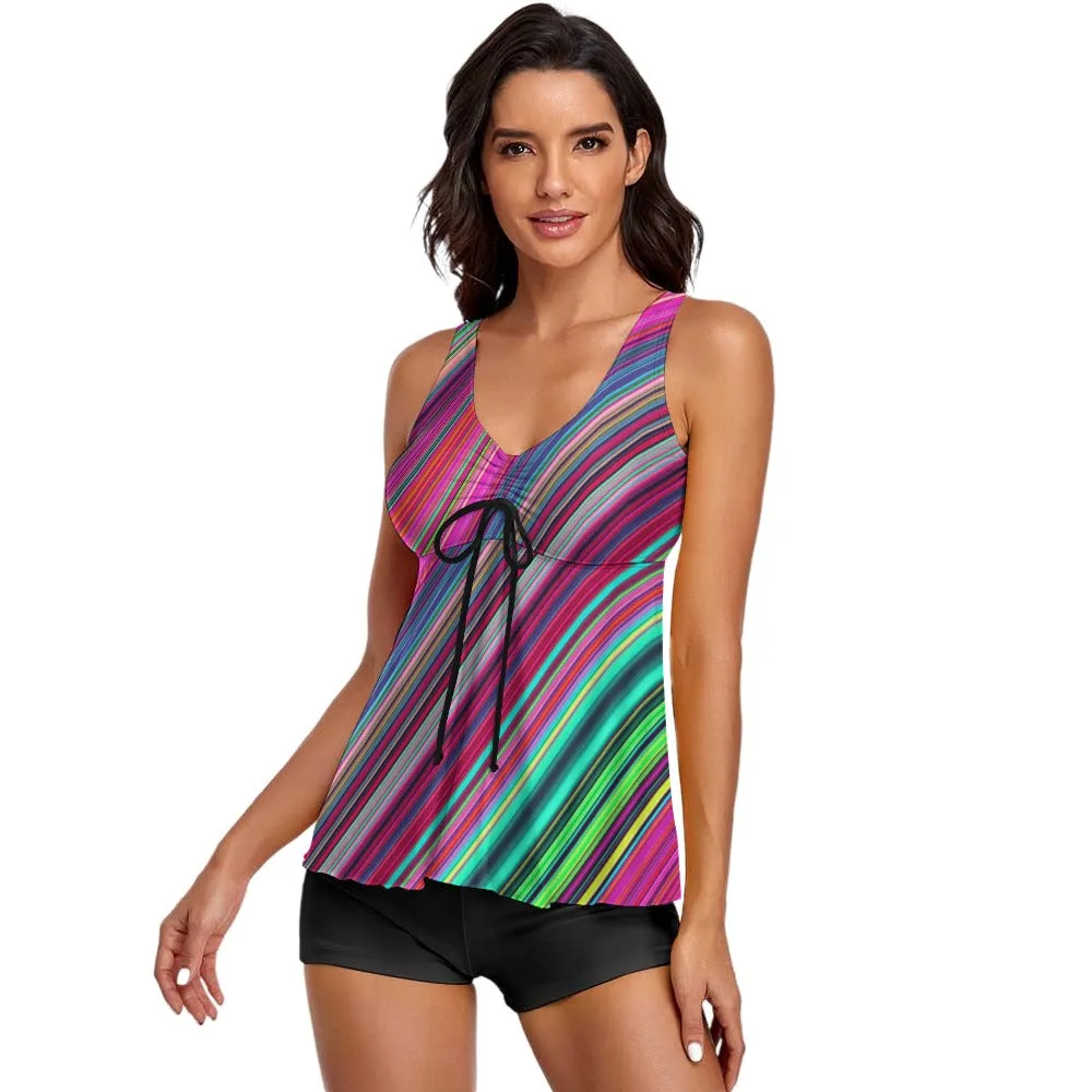 Pink Stripe Ladies Sleeveless Comfortable Split Swimwear