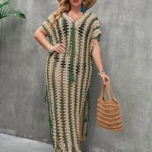 Plus Size Hand Crocheting Hollow Out Cutout Sexy Beach Color Matching Dress Sun Protective Blouse Women