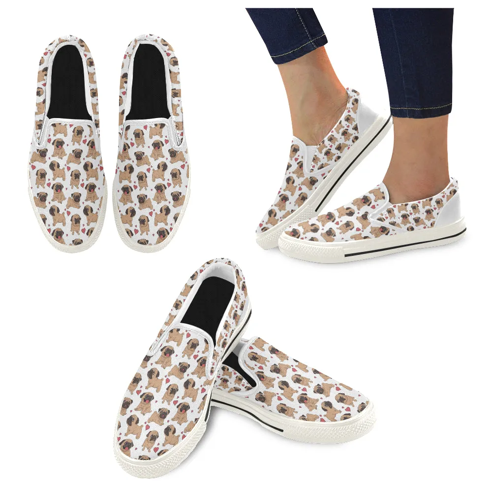 Pug Heart white Women's Slip-on Canvas Shoes