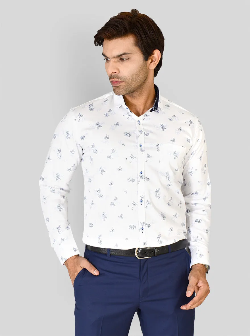 White & Blue Printed Slim Fit Party Wear Shirt | Greenfibre