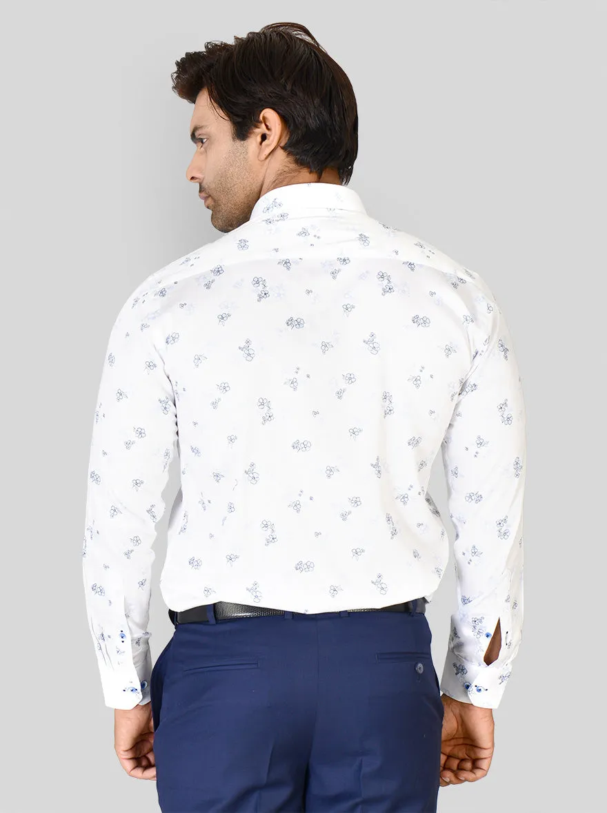 White & Blue Printed Slim Fit Party Wear Shirt | Greenfibre