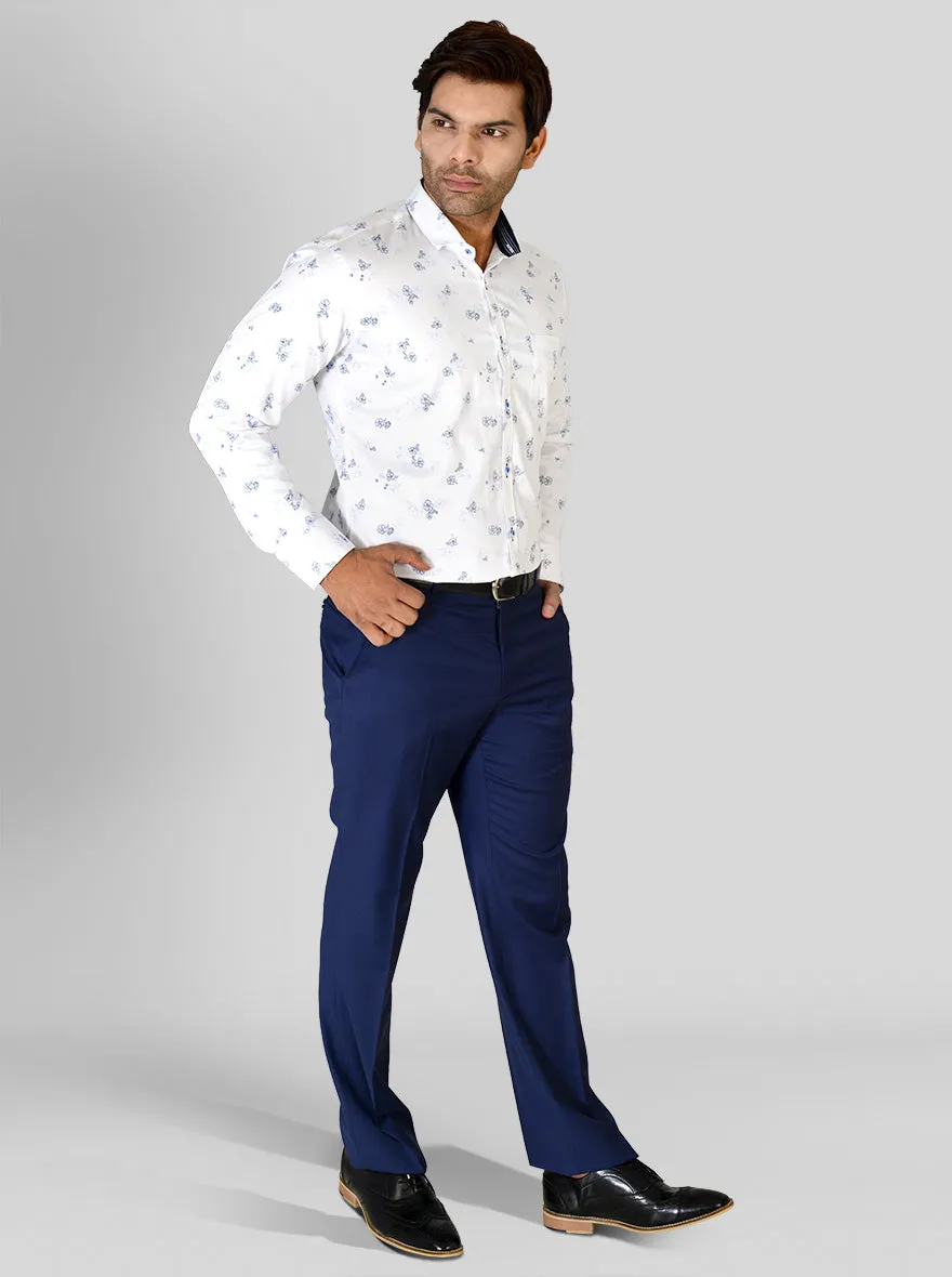 White & Blue Printed Slim Fit Party Wear Shirt | Greenfibre